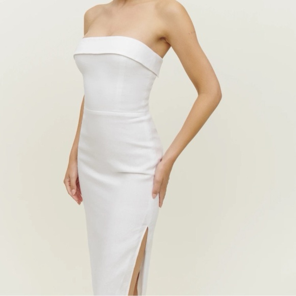 reformation white linen strapless dress REFORMATION Marcella Strapless Linen Midi Dress